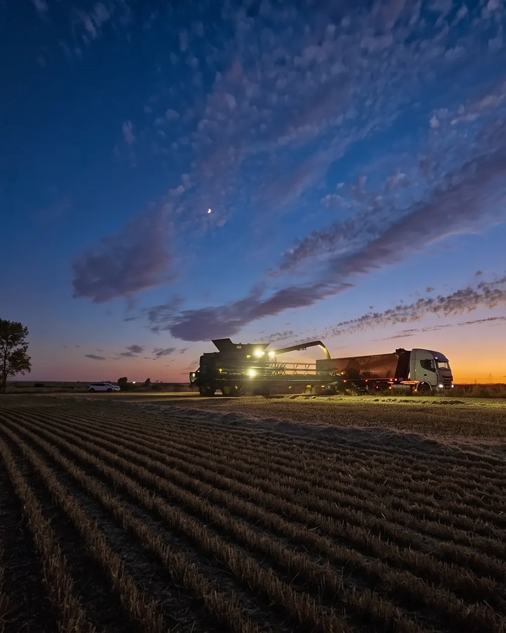 Camión de Intrans cargando cereal junto a una cosechadora al anochecer